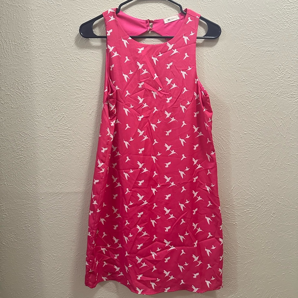 Everly pink mini dress with bird pattern in white, size small.